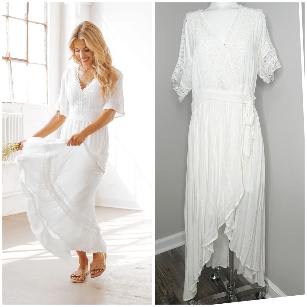 MAGNOLIA BOUTIQUE WHITE TULIP WRAP MAXI DRESS-PRELOVED- MEDIUM